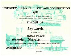Lapworth Awards_0005 Certificate for Second Place awarded to Lapworth in Best Kept Village Competition 1993