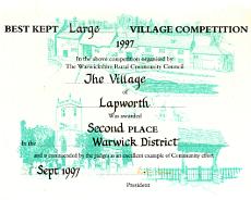 Lapworth Awards_0008 Certificate for Second Place awarded to Lapworth in Best Kept Village Competition 1997