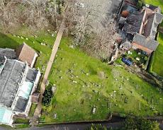 Lapworth old graveyard Aerial view of St Mary's with old churchyard