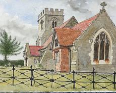 DSC02211 Haseley Church Feb 1988. Original painting by Arthur Lockwood