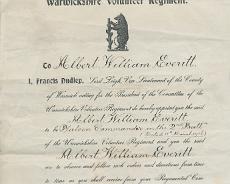 Albert Everitt Appointment of Albert Everitt to command a platoon the Warickshire Volunteer Regiment - WW1 equivalent of the Home Guard