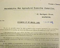 Grass Land Extract from the minutes of the Warwick area War Agricultural Executive Committee in 1917 regarding instructions for turning grassland over to arable...